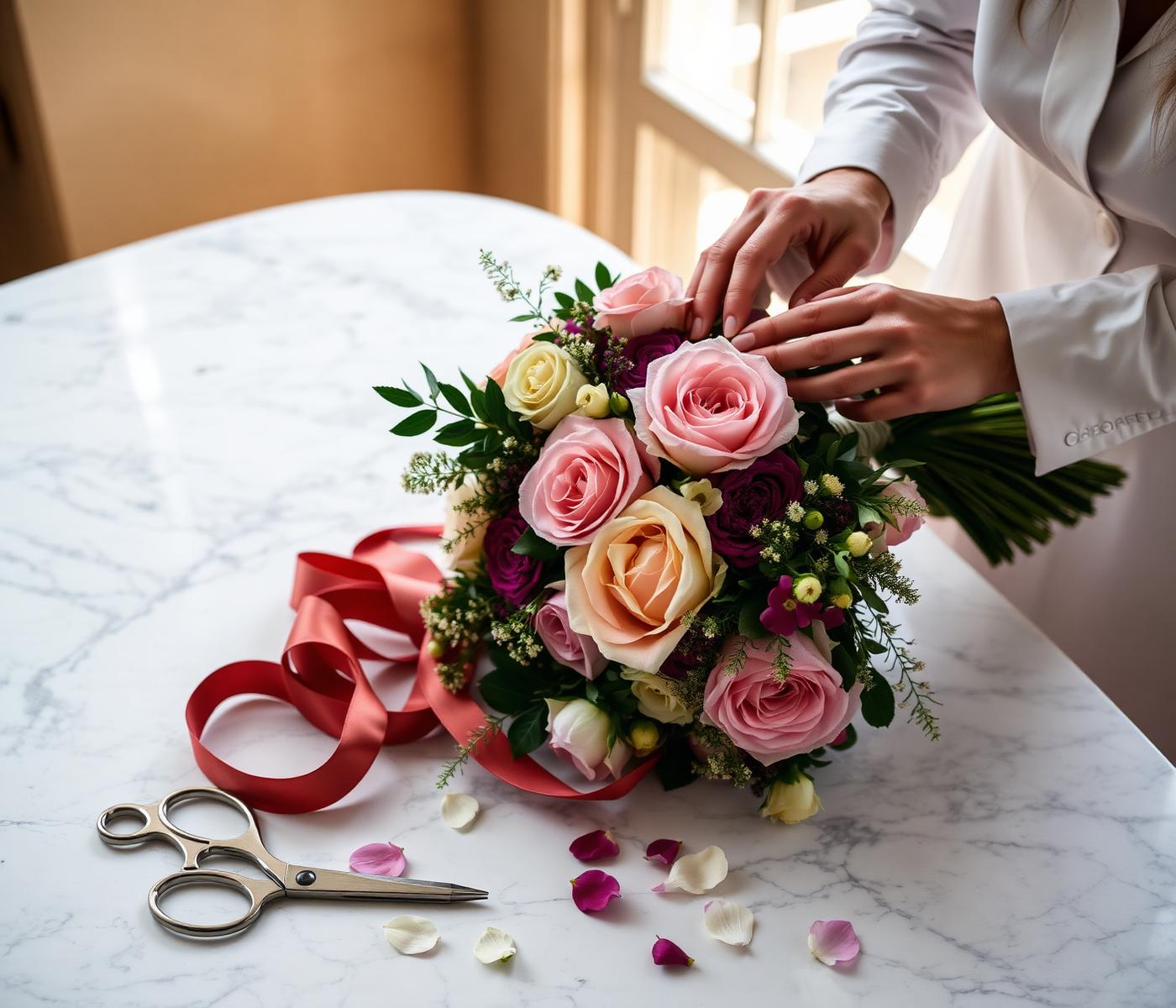 Florist arranging a luxury bouquet on marble table