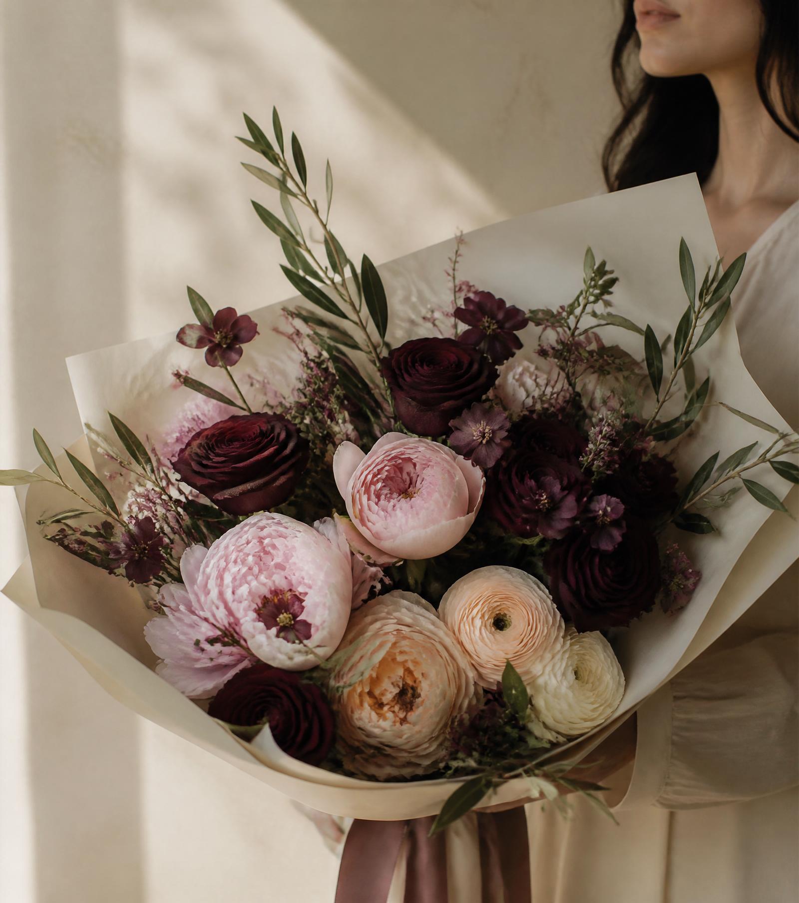 Handcrafted bouquet of burgundy roses, blush peonies and olive branches